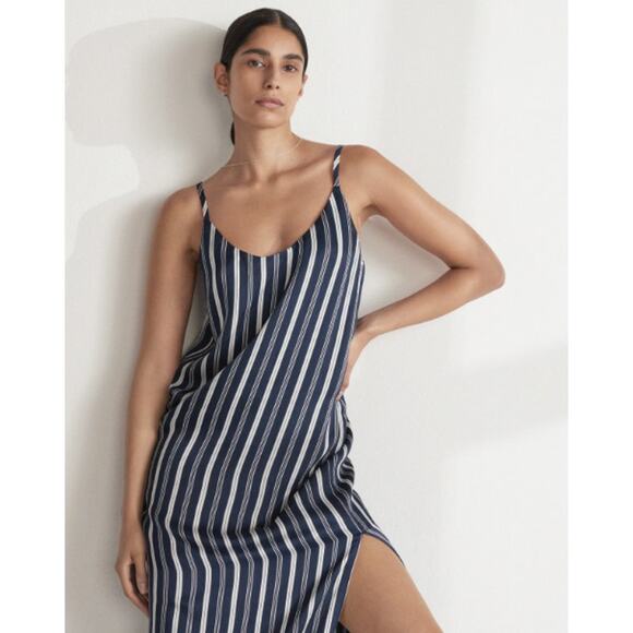 Everlane SZ 2 The Hammered Satin Slip Dress Blue Bone NWT $128 Relaxed Fit Midi - Picture 1 of 8